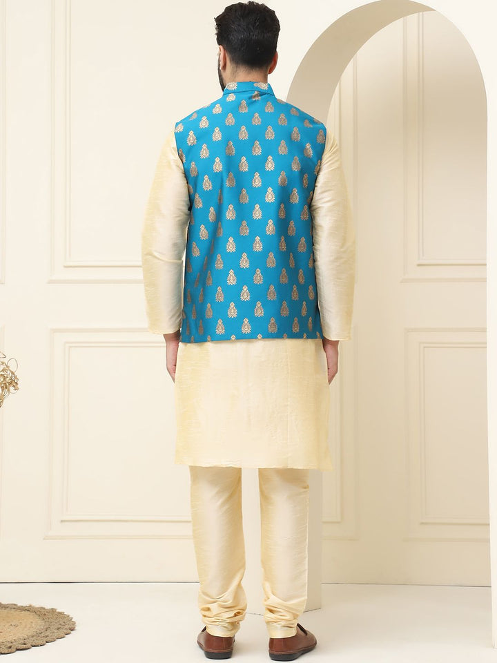 SOJANYA Kurta Kapas Sutera Kolar Mandarin Dengan Jaket Nehru Rekaan Churidar & Tenunan