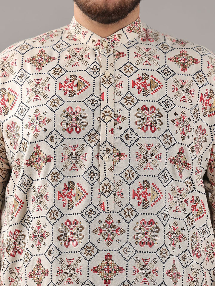 SOJANYA PLUS Plus Size Lelaki Motif Etnik Bercetak Cotton Linen Kurta Lurus Dengan Piyama