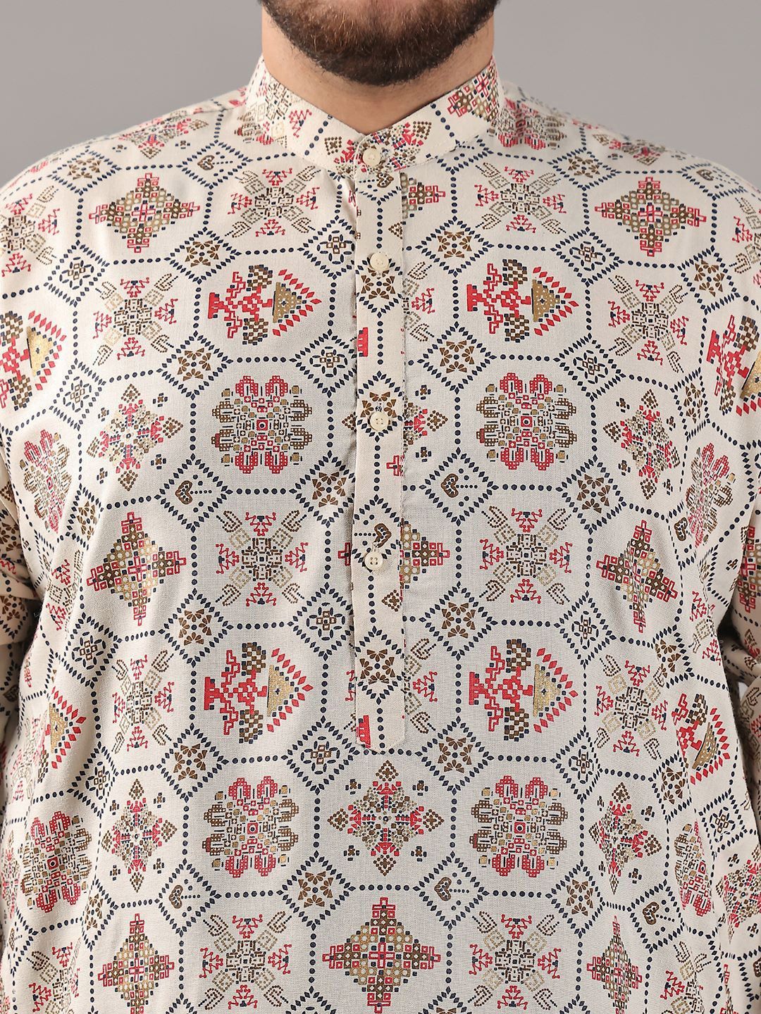 SOJANYA PLUS Plus Size Lelaki Motif Etnik Bercetak Cotton Linen Kurta Lurus Dengan Piyama