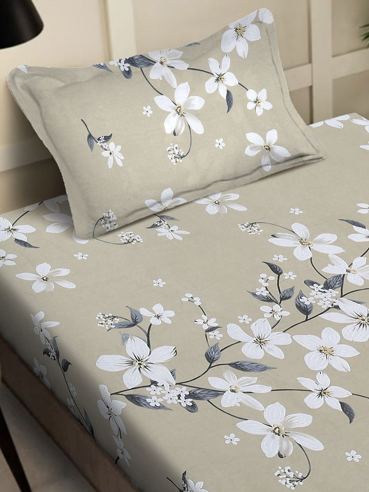 Myntra Elegant Homes Beige & White Floral 400 TC Single Bedsheet with 1 Pillow Covers