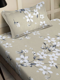 Myntra Elegant Homes Beige & White Floral 400 TC Single Bedsheet with 1 Pillow Covers