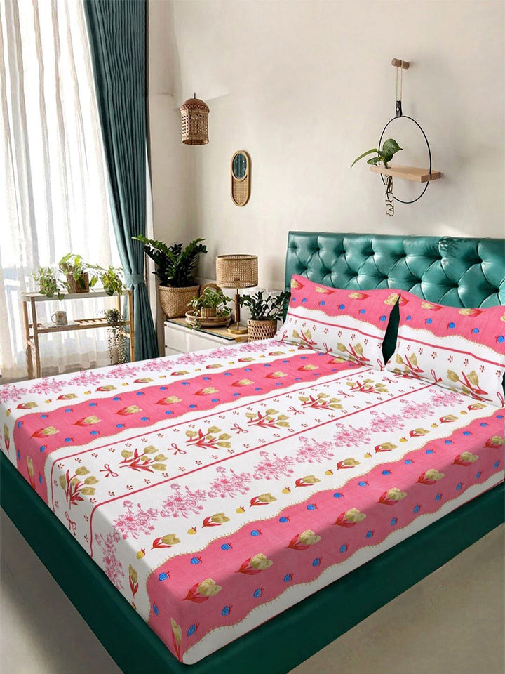 KLOTTHE Pink Floral Cotton 300 TC King Fine Bedsheet with 2 Pillow Covers-98 x 89 inches