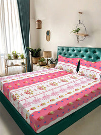 KLOTTHE Pink Floral Cotton 300 TC King Fine Bedsheet with 2 Pillow Covers-98 x 89 inches