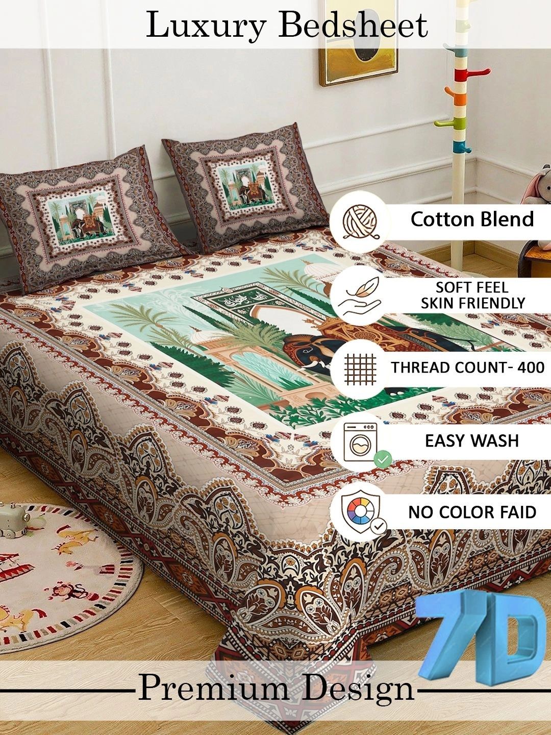 KLOTTHE Motif Etnik Coklat & Hijau 300 TC Cadar King dengan 2 Sarung Bantal