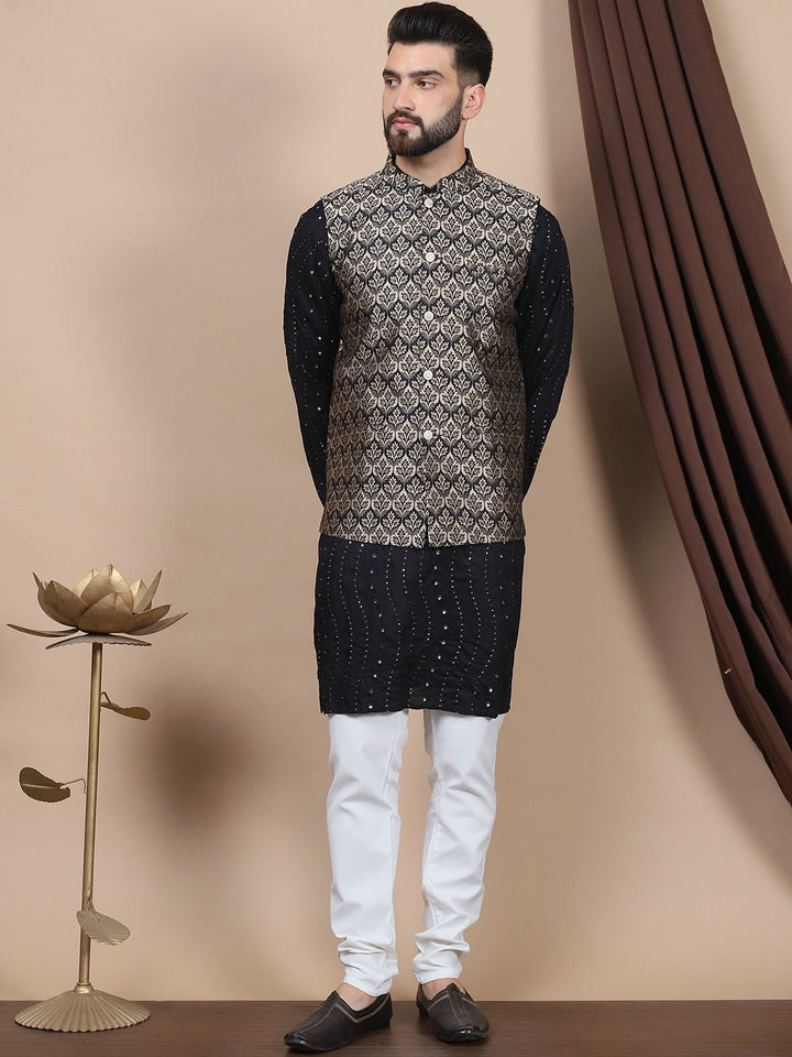 Anouk Leheriya Embroidered Sequinned Cotton Straight Kurta With Churidar & Nehru Jacket
