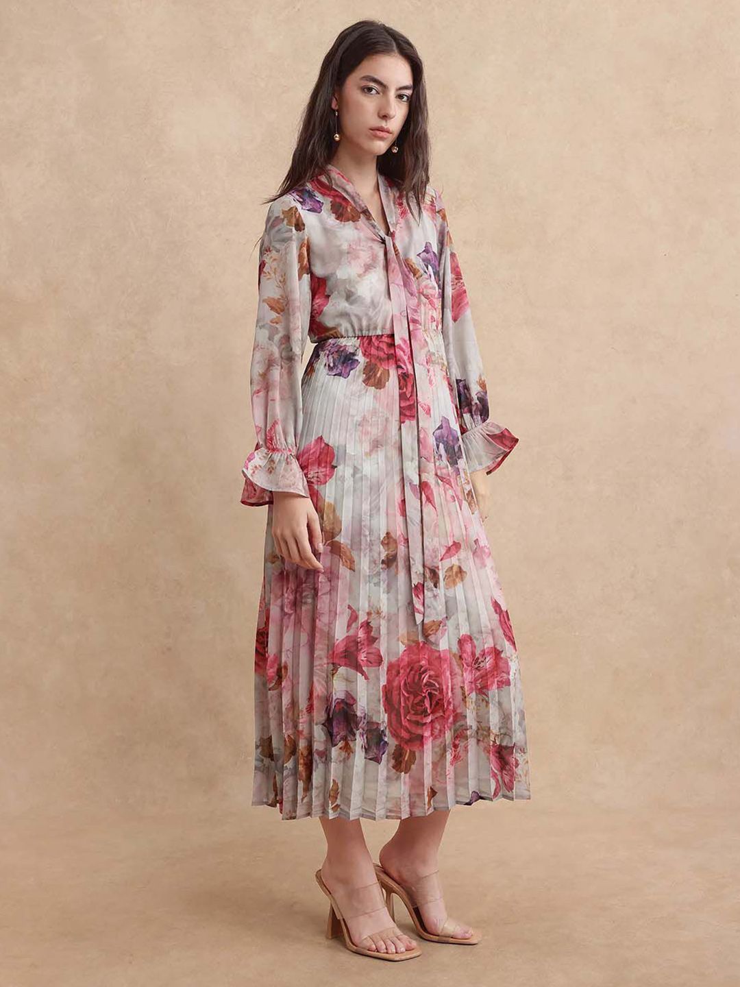 RAREISM Floral Print Tie-Up Neck A-Line Maxi Dress