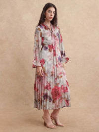 RAREISM Floral Print Tie-Up Neck A-Line Maxi Dress