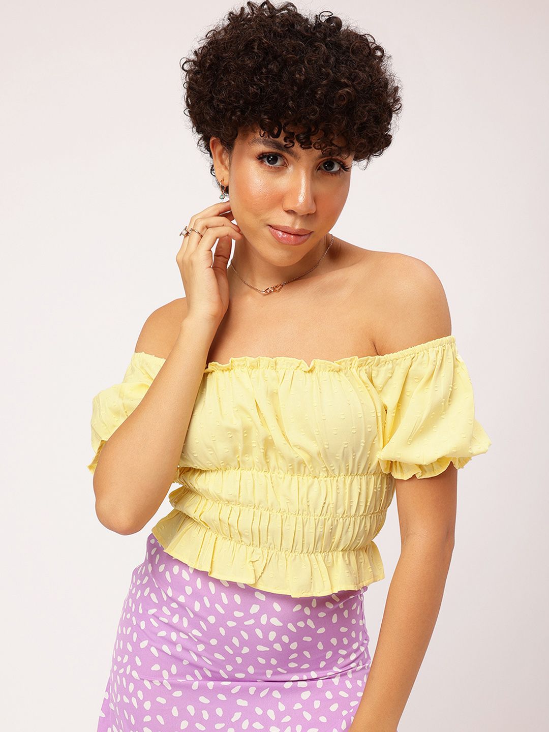DressBerry Sunshine Serenade Ruffle Detail Smocked Off-Shoulder Top