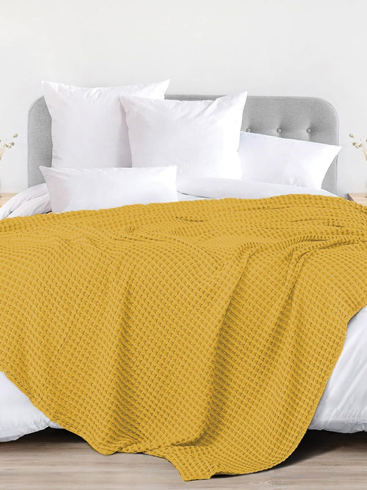 URBAN SPACE Waffle Mustard Checked Cotton AC Room 150 GSM Single Bed Blanket