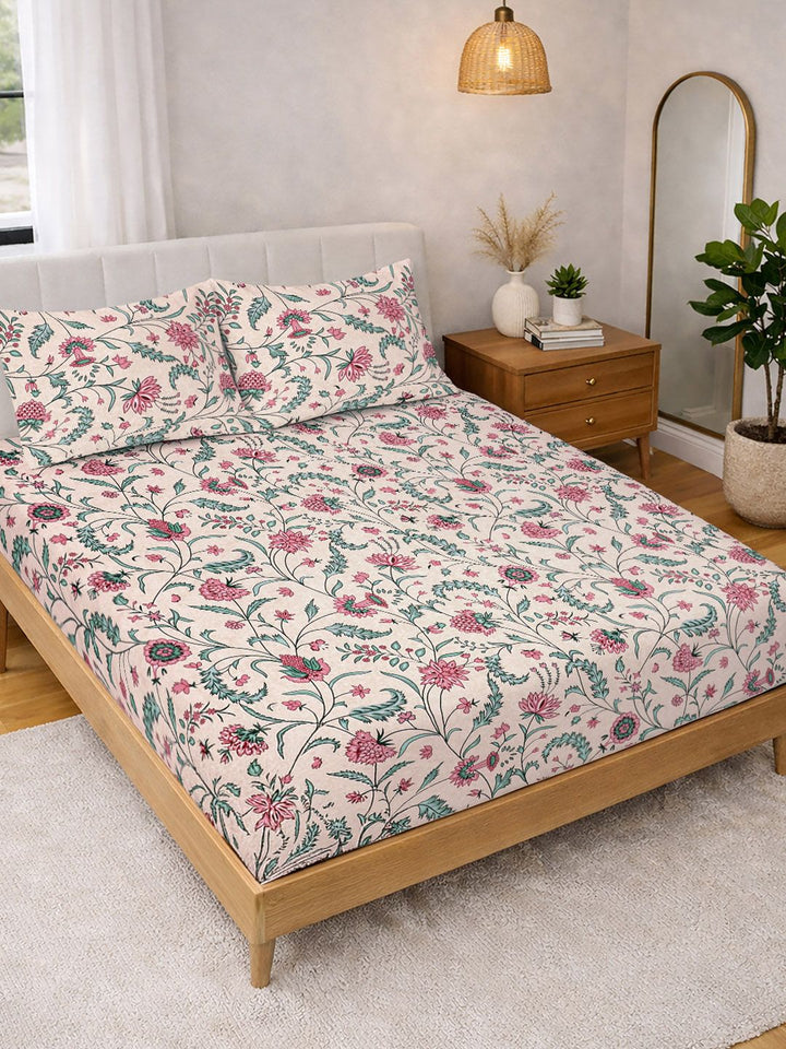 KLOTTHE Beige & Pink Printed 300 TC Double Bedsheet With 2 Pillow Covers- 2.5 m x 2.25 m