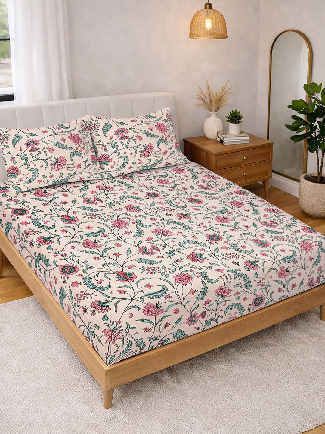 KLOTTHE Beige & Pink Printed 300 TC Double Bedsheet With 2 Pillow Covers- 2.5 m x 2.25 m