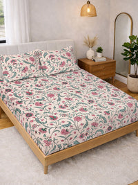KLOTTHE Beige & Pink Printed 300 TC Double Bedsheet With 2 Pillow Covers- 2.5 m x 2.25 m