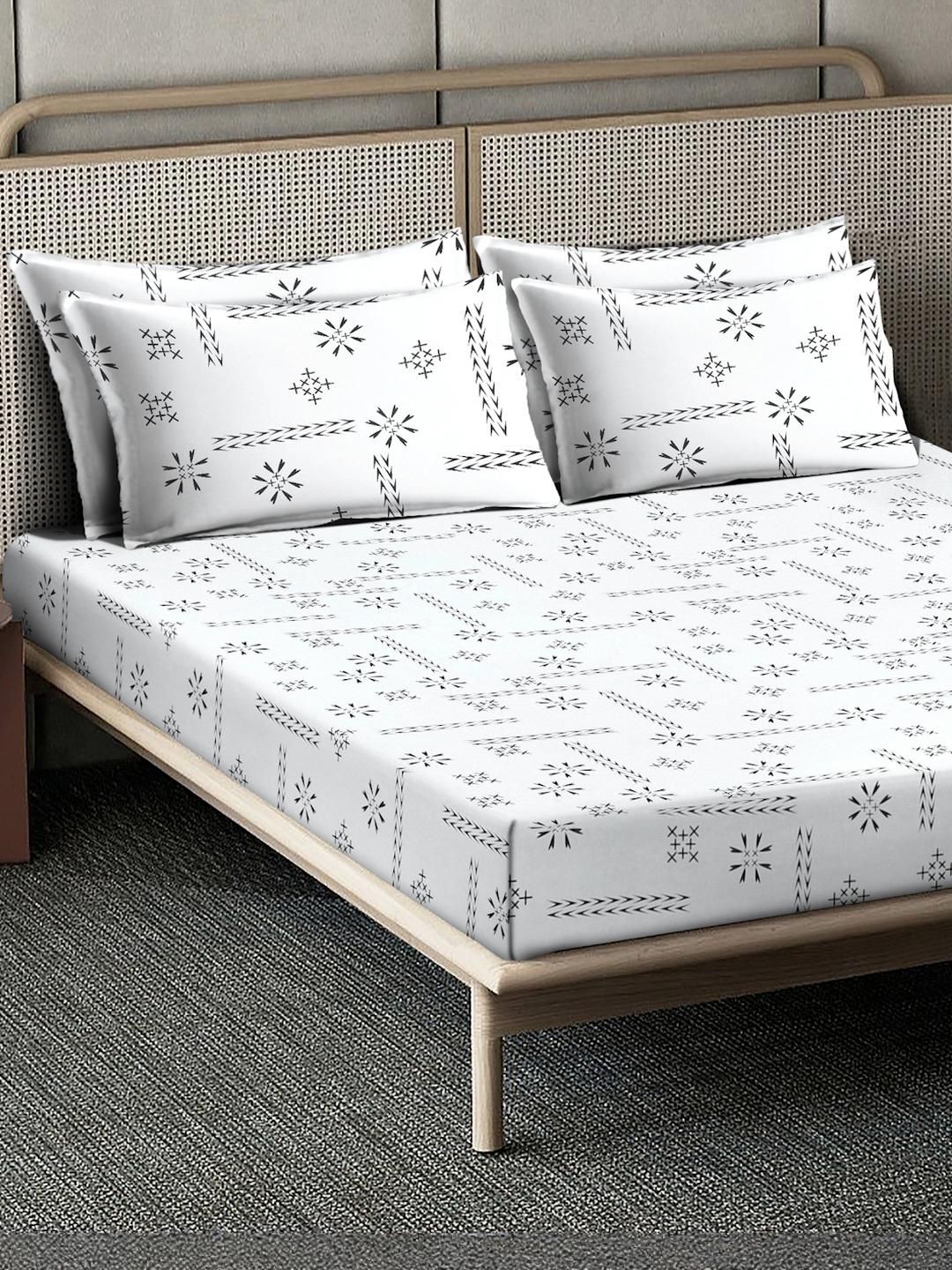 KLOTTHE White Printed Fitted 400TC Pure Cotton Super King Bedsheet & 4 Pillow Covers