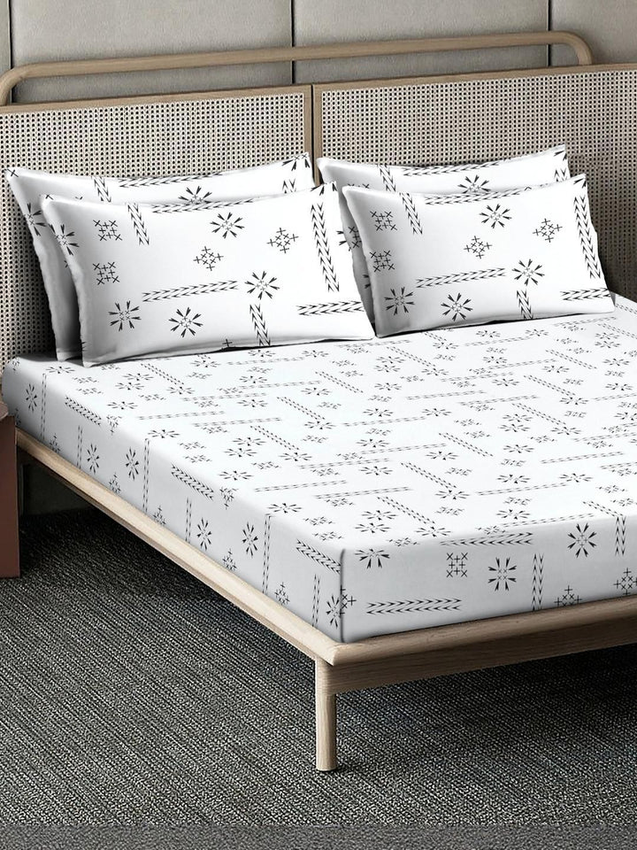 KLOTTHE White Printed Dilengkapi 400TC Kapas Tulen Cadar Super King & 4 Sarung Bantal