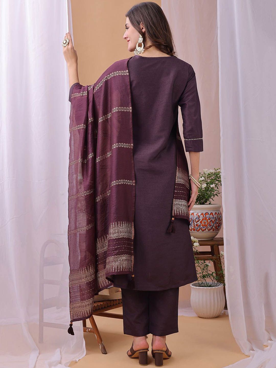 KALINI Yoke Design Sequinned Straight Kurta With Trousers And Dupatta