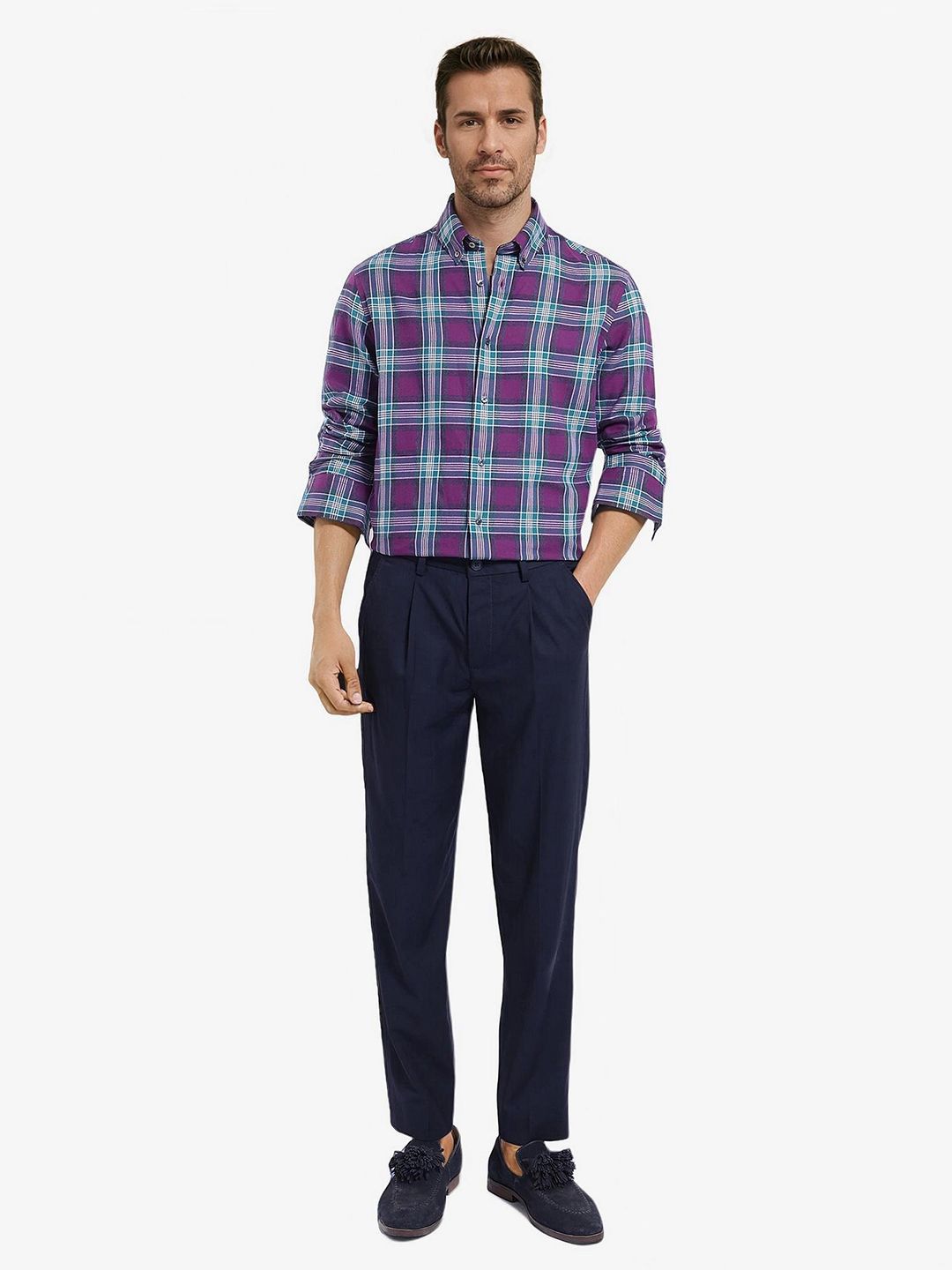 RARE RABBIT Men Comfort Button-Down Collar Tartan Checked Cotton Casual Shirt