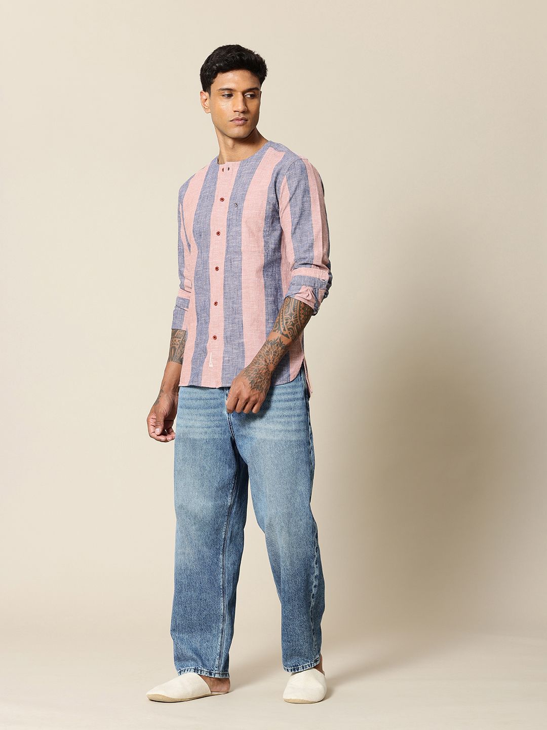 Mr Bowerbird Liberal Fit Self Striped Cotton Linen Casual Shirt