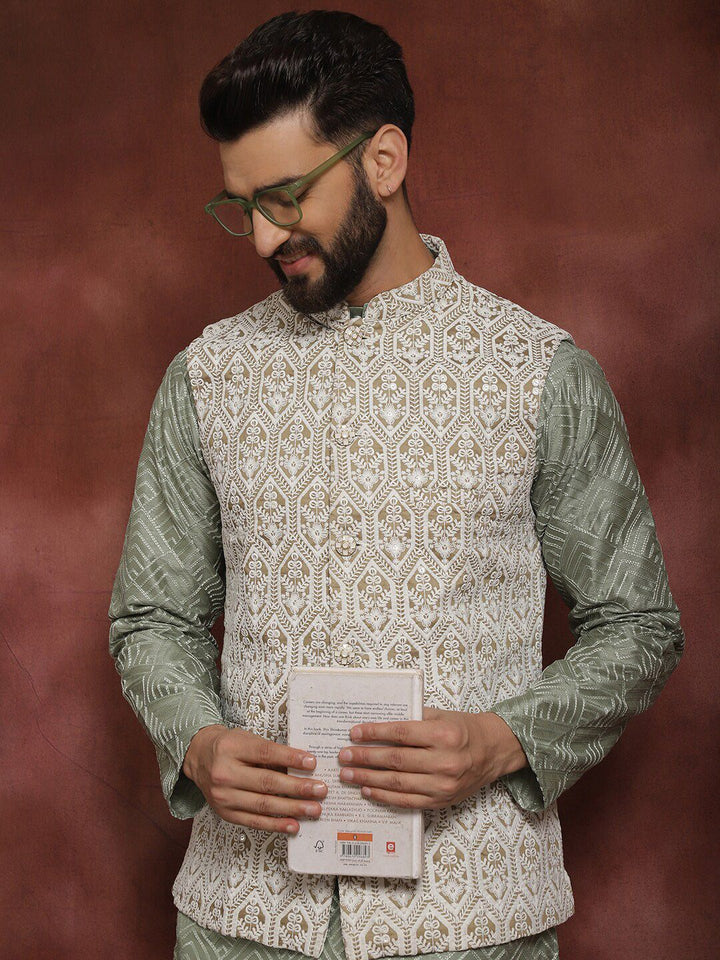 Anouk Ethnic Motifs Embroidered Regular Thread Work Kurta with Churidar & Nehru Jacket