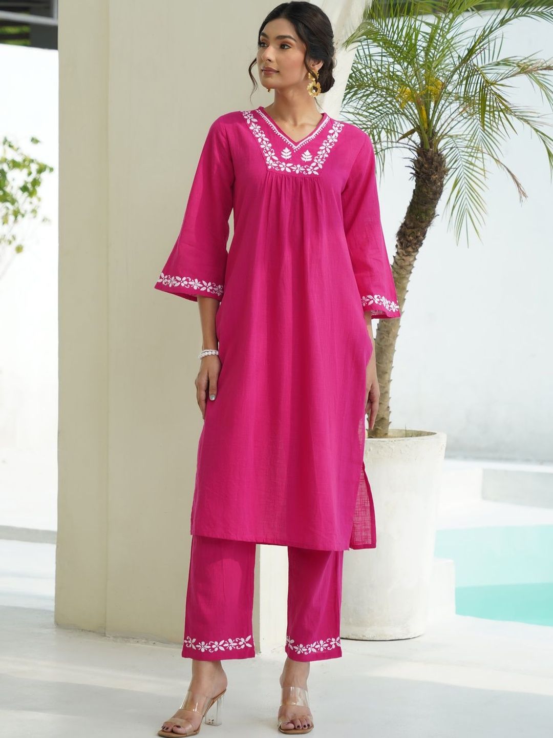 House of Chikankari Women 2 Pieces Regular Pure Cotton Kurta with Trousers Set