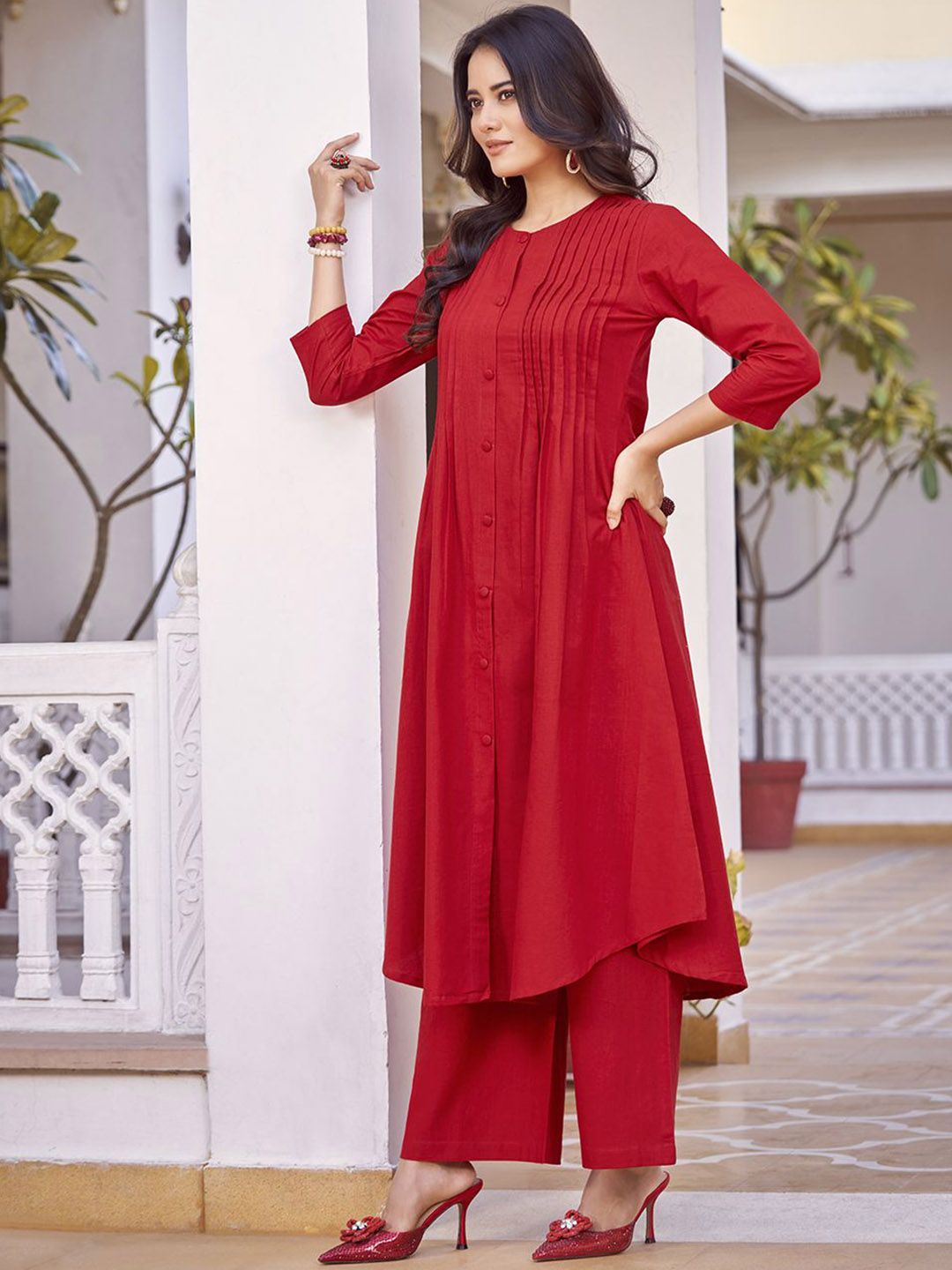KALINI Pure Cotton Pleated A-Line Kurta with Trousers