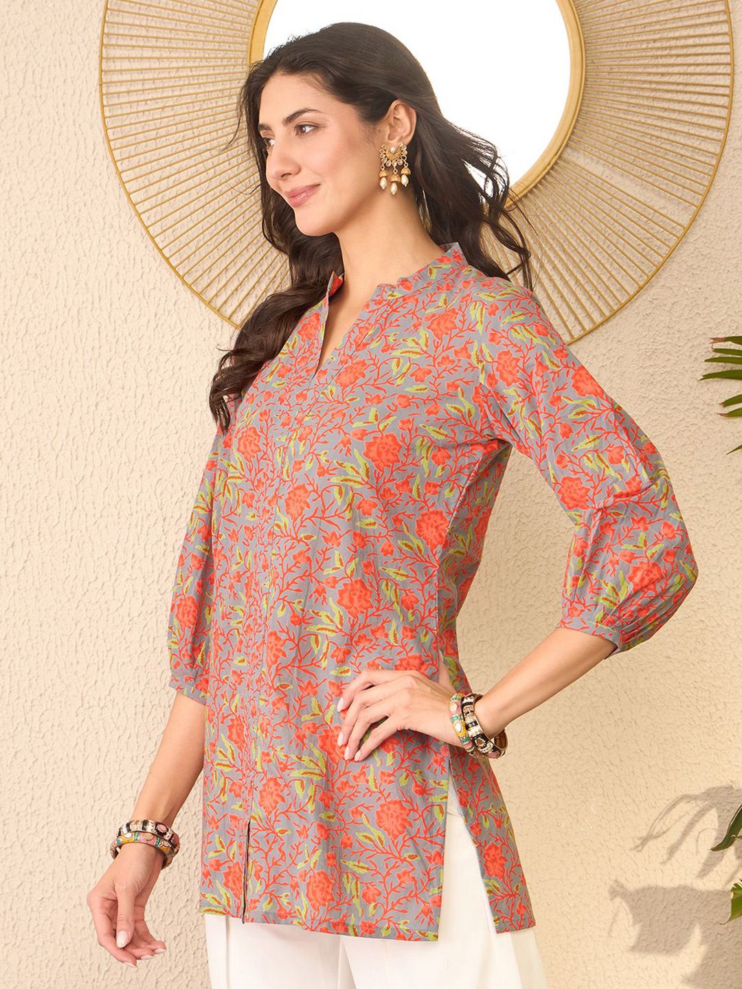 KALINI Floral Printed Mandarin Collar Top