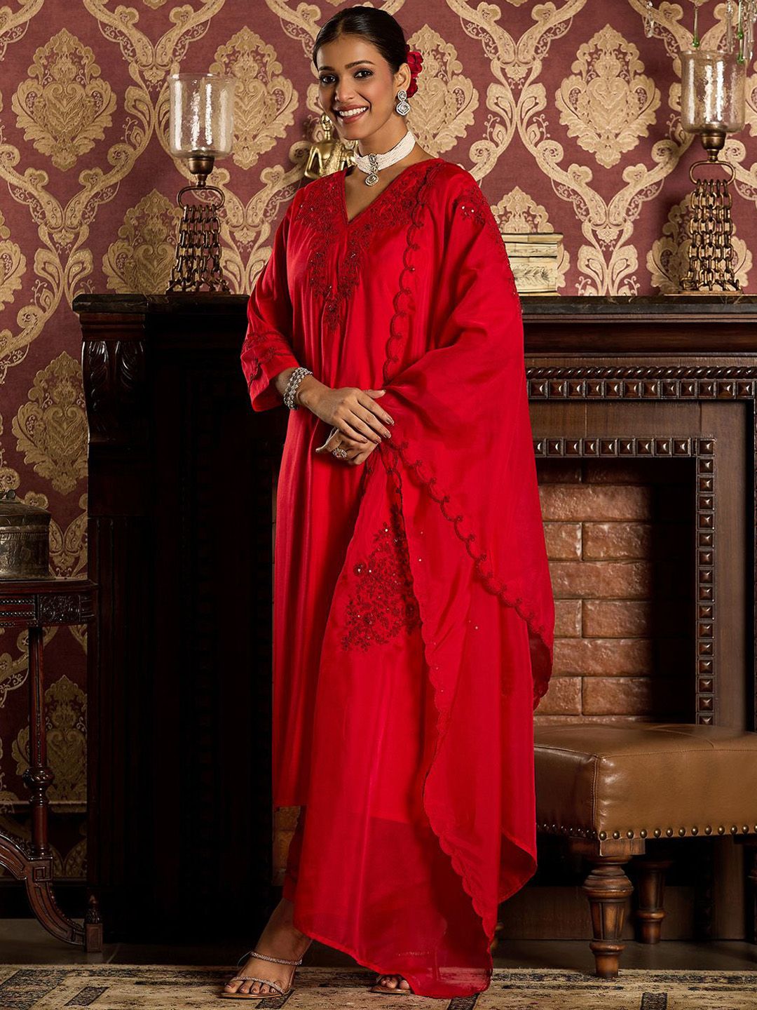 Indo Era Ethnic Motifs Embroidered Sequined Straight Kurta With Trousers & Dupatta