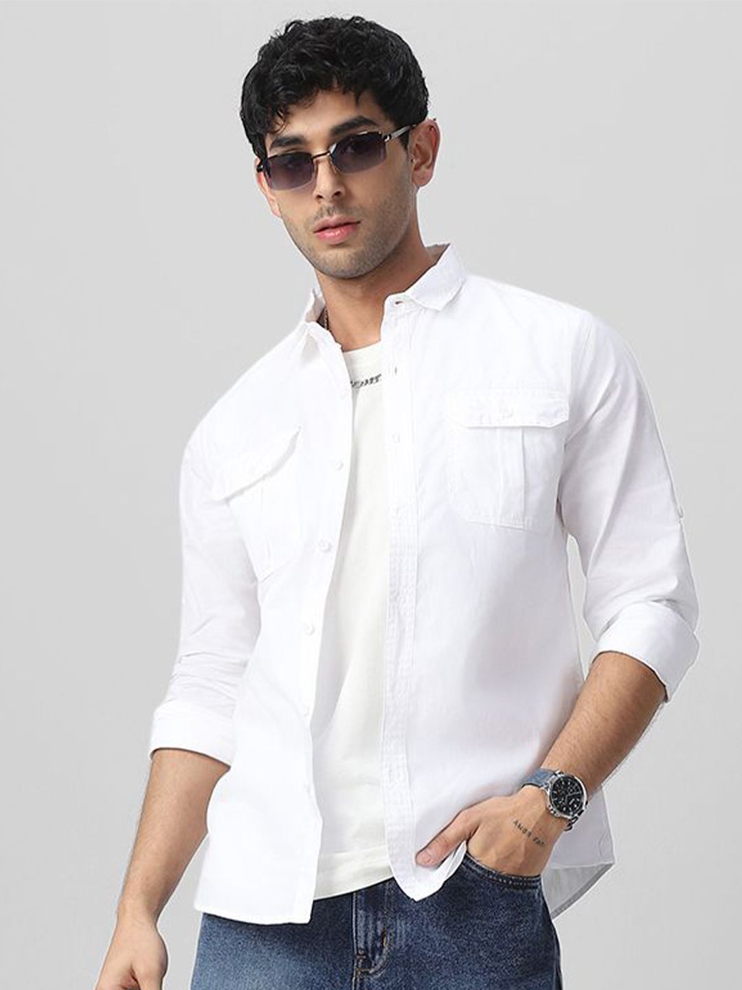 Urbano Fashion Men Spread Collar Solid Cotton Casual Shirt