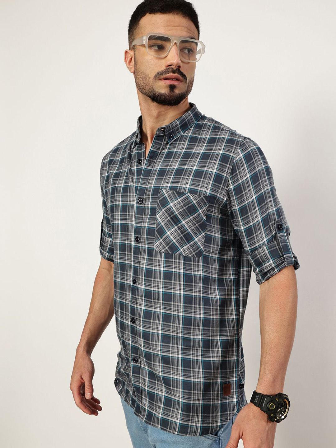 Thomas Scott Men Premium Spread Collar Checked Cotton Slim Fit Casual Shirt