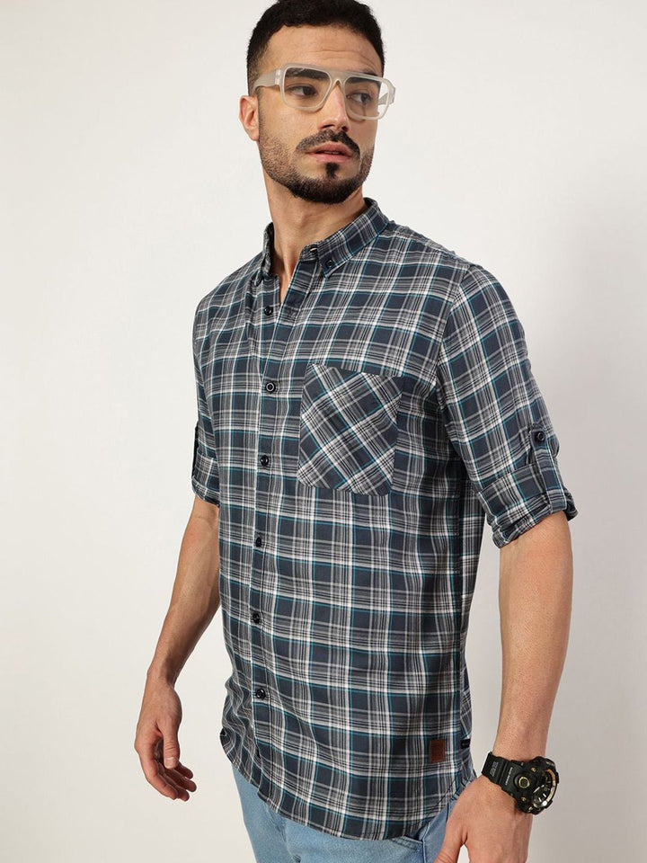 Thomas Scott Men Premium Spread Collar Checked Cotton Slim Fit Casual Shirt