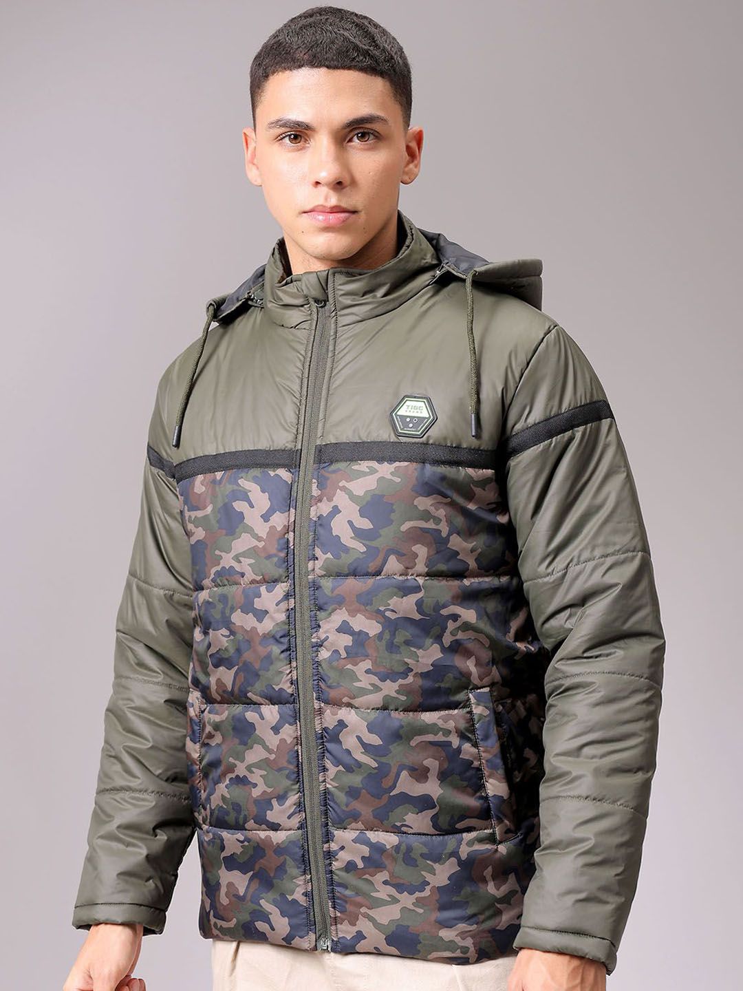 The Indian Garage Co Men Hooded Camouflage Printed Casual Puffer Jacket