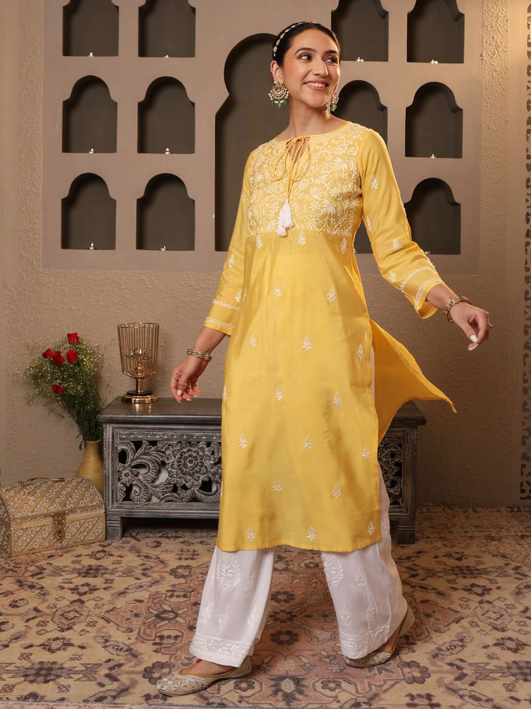 House of Chikankari Women Yellow Printed Cotton A-Line Kurta