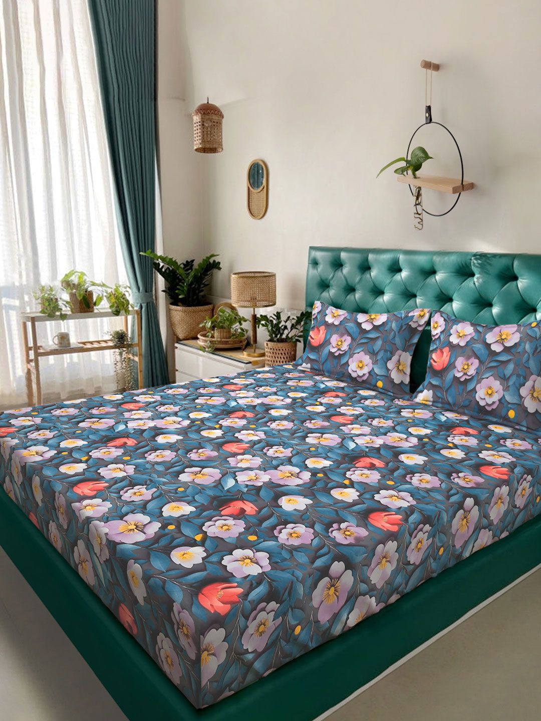 KLOTTHE Biru & Kuning Bunga Bercetak 300 TC King Cadar 7D Double Dengan 2 Sarung Bantal
