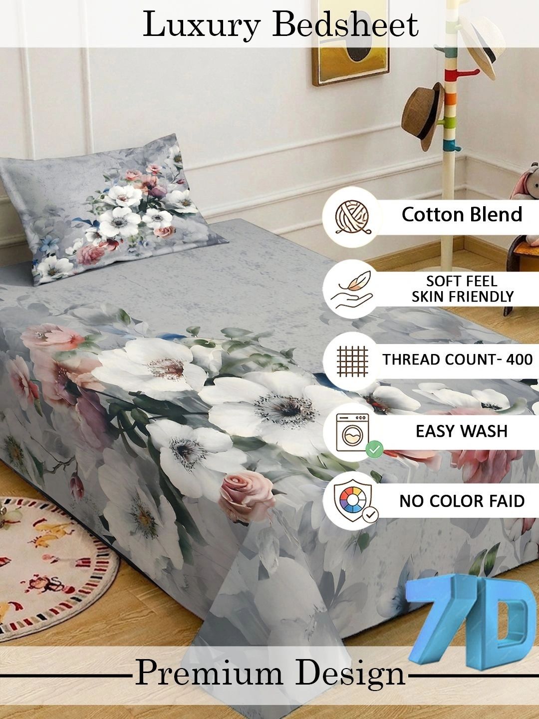 KLOTTHE Grey Floral Fitted 400 TC Single 7D Bedsheet with 1 Pillow Covers