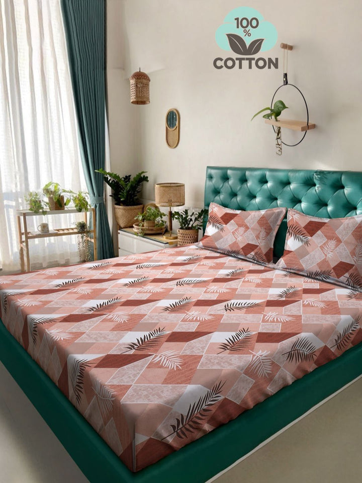 Myntra Elegant Homes Rust & White Pure Cotton 400 TC King Bedsheet with 2 Pillow Covers