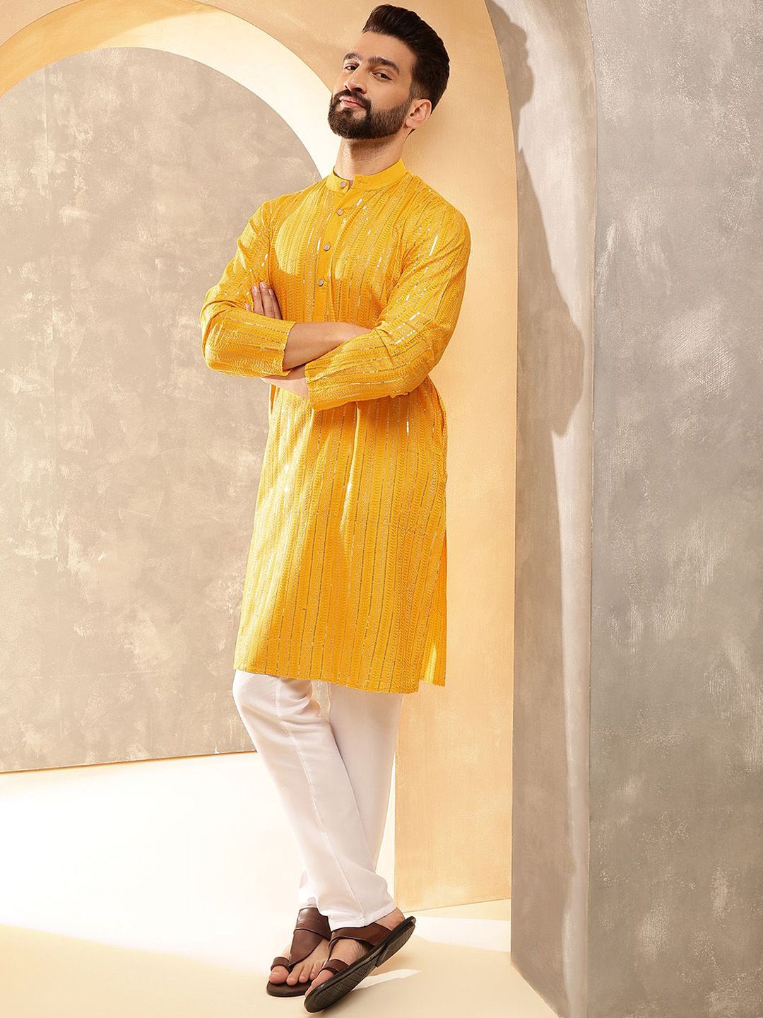 Anouk Mustard Geometric Embroidered Sequence Band Collar Cotton Straight Kurta