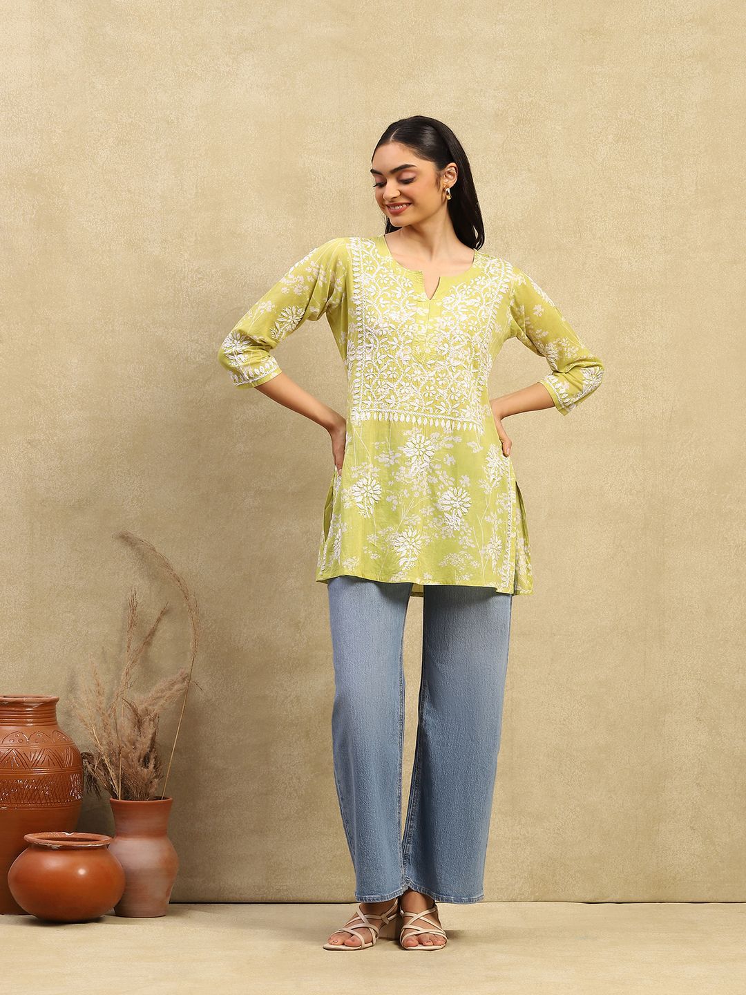 Rumah Chikankari Wanita Kapas Hijau Chikankari Sulam Kurti