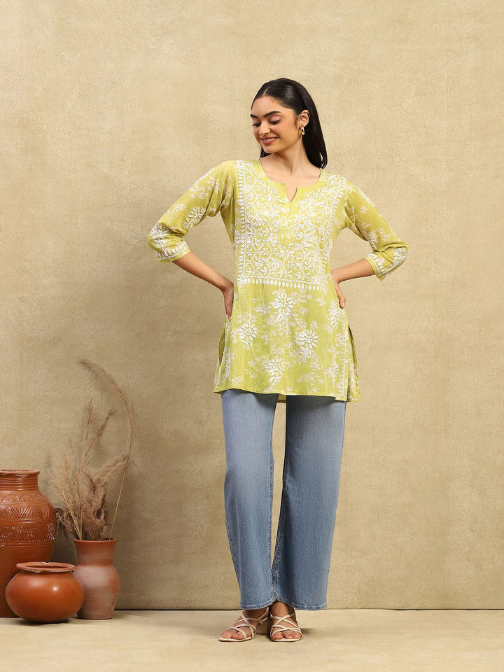 Rumah Chikankari Wanita Kapas Hijau Chikankari Sulam Kurti