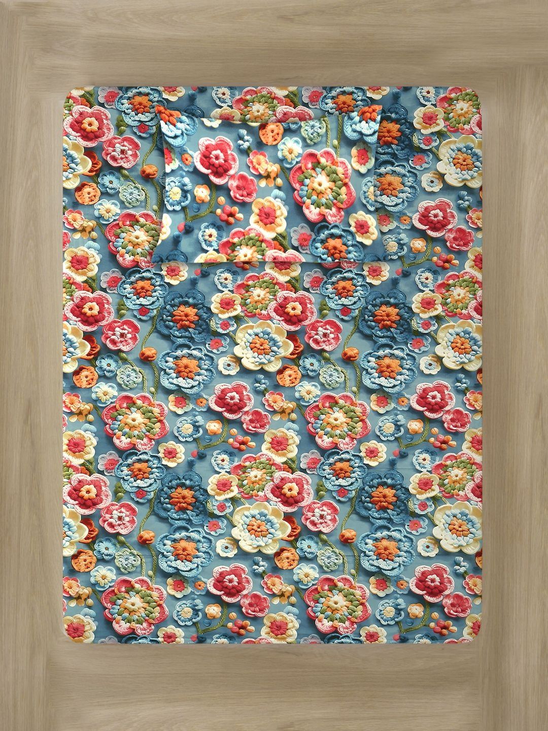 Myntra Elegant Blue Floral Printed 300 TC Single 7D Bedsheet with 1 Pillow Cover