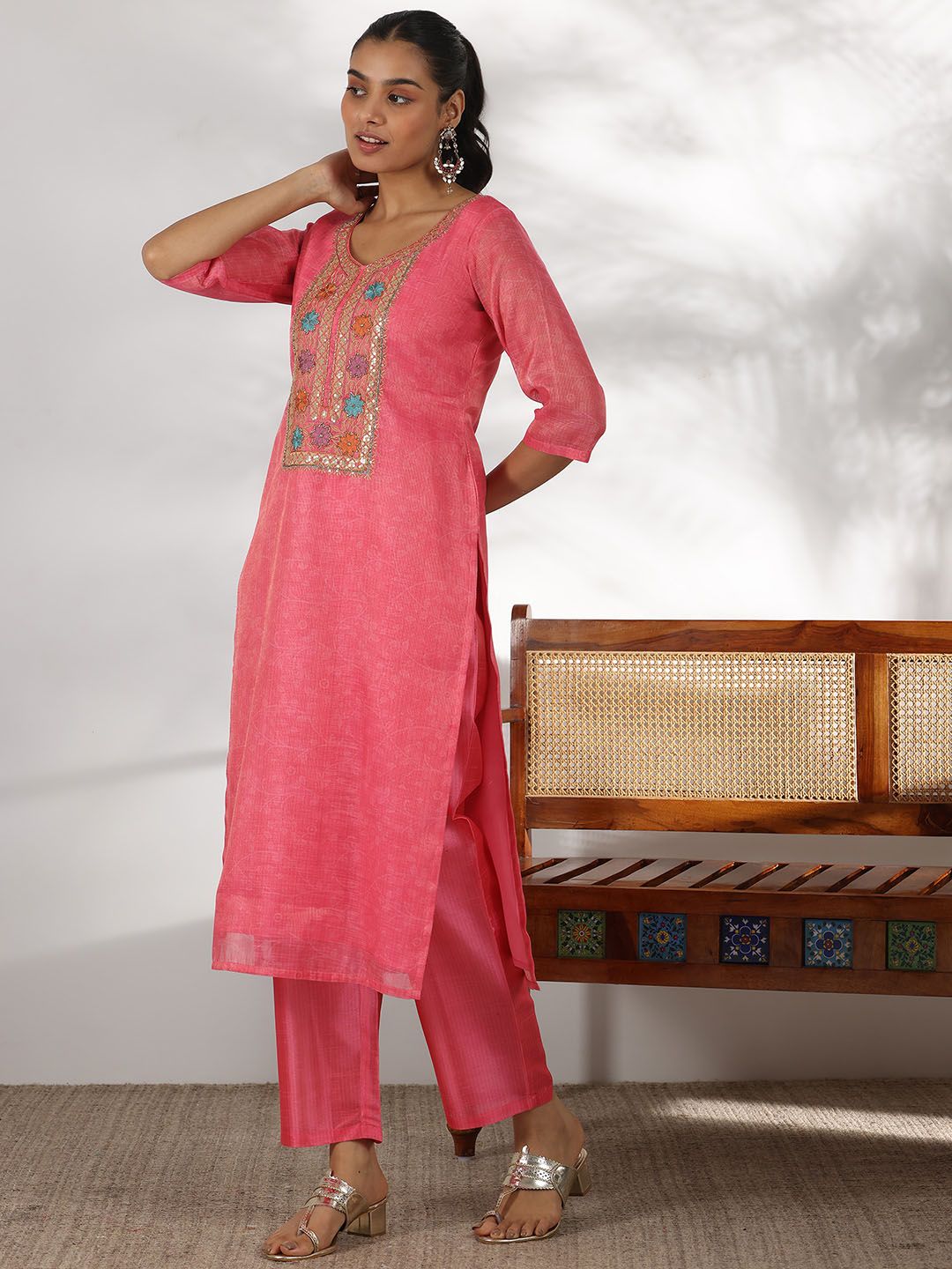 Libas Floral Yoke Design Sequinned Straight Kurta with Trousers & With Dupatta