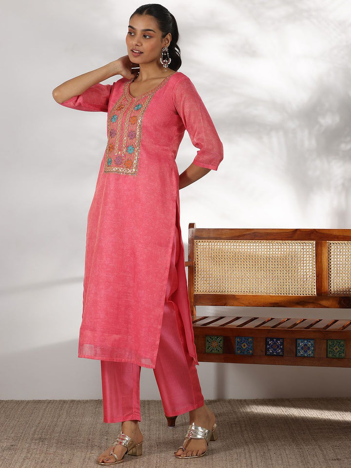 Libas Floral Yoke Design Sequinned Straight Kurta with Trousers & With Dupatta