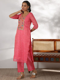 Libas Floral Yoke Design Sequinned Straight Kurta with Trousers & With Dupatta