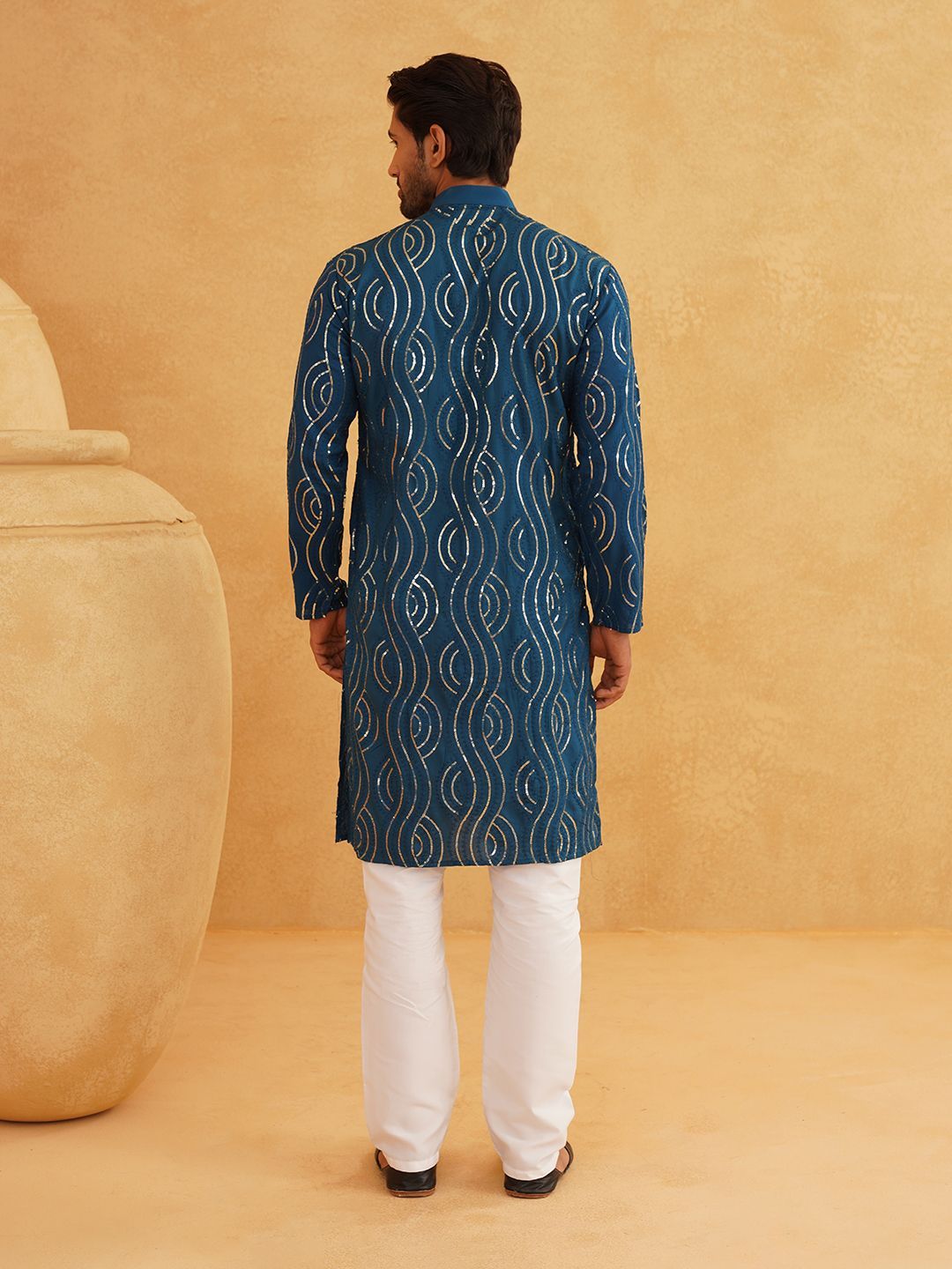 SOJANYA Leheriya Sequinned Band Collar Pure Cotton Straight Kurta With Churidar