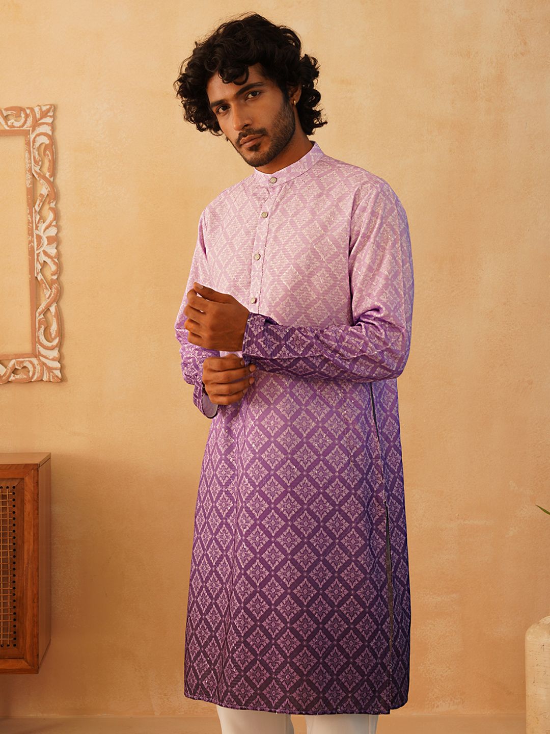 Jompers Floral Printed Sequinned Mandarin Collar Kurta With Trousers