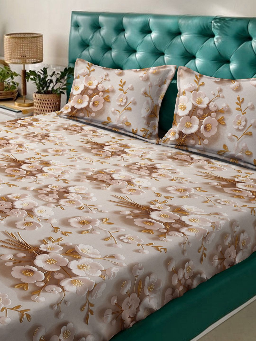 KLOTTHE Cream Floral Printed Dilengkapi 300 TC King 7D Cadar Dengan 2 Sarung Bantal