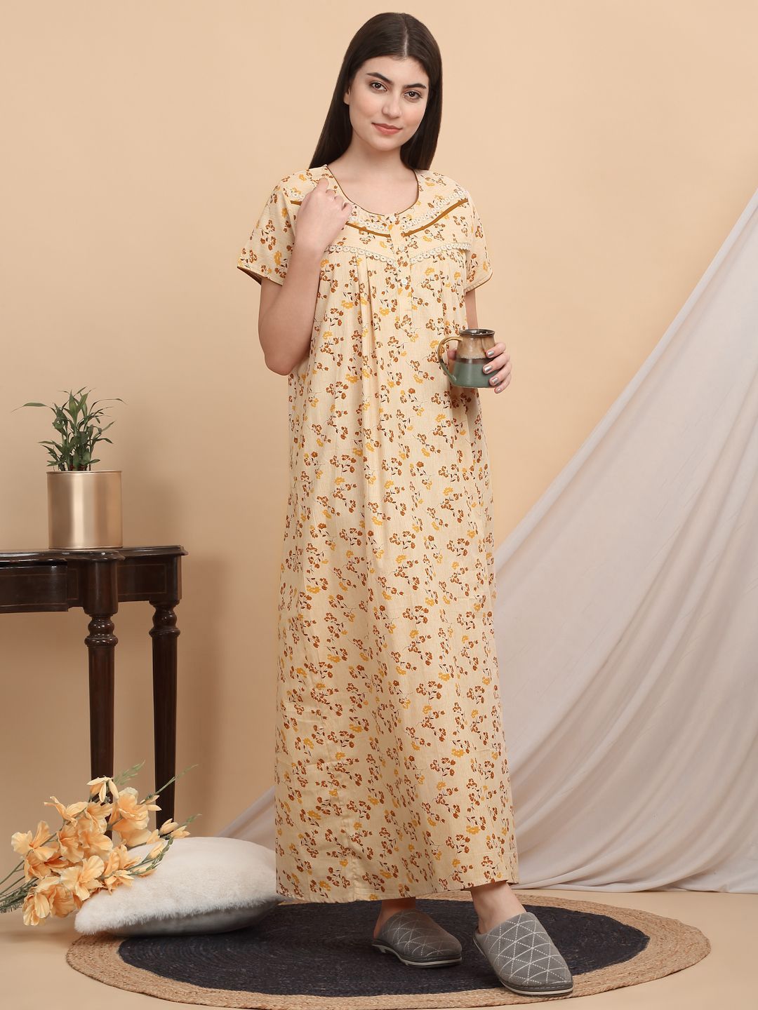 Sweet Dreams Women Printed Short Sleeves Maxi Nightdress
