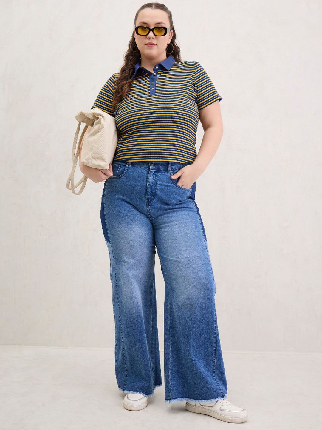 SASSAFRAS Curve Women Striped Polo Collar Pockets T-shirt