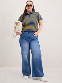 SASSAFRAS Curve Women Striped Polo Collar Pockets T-shirt