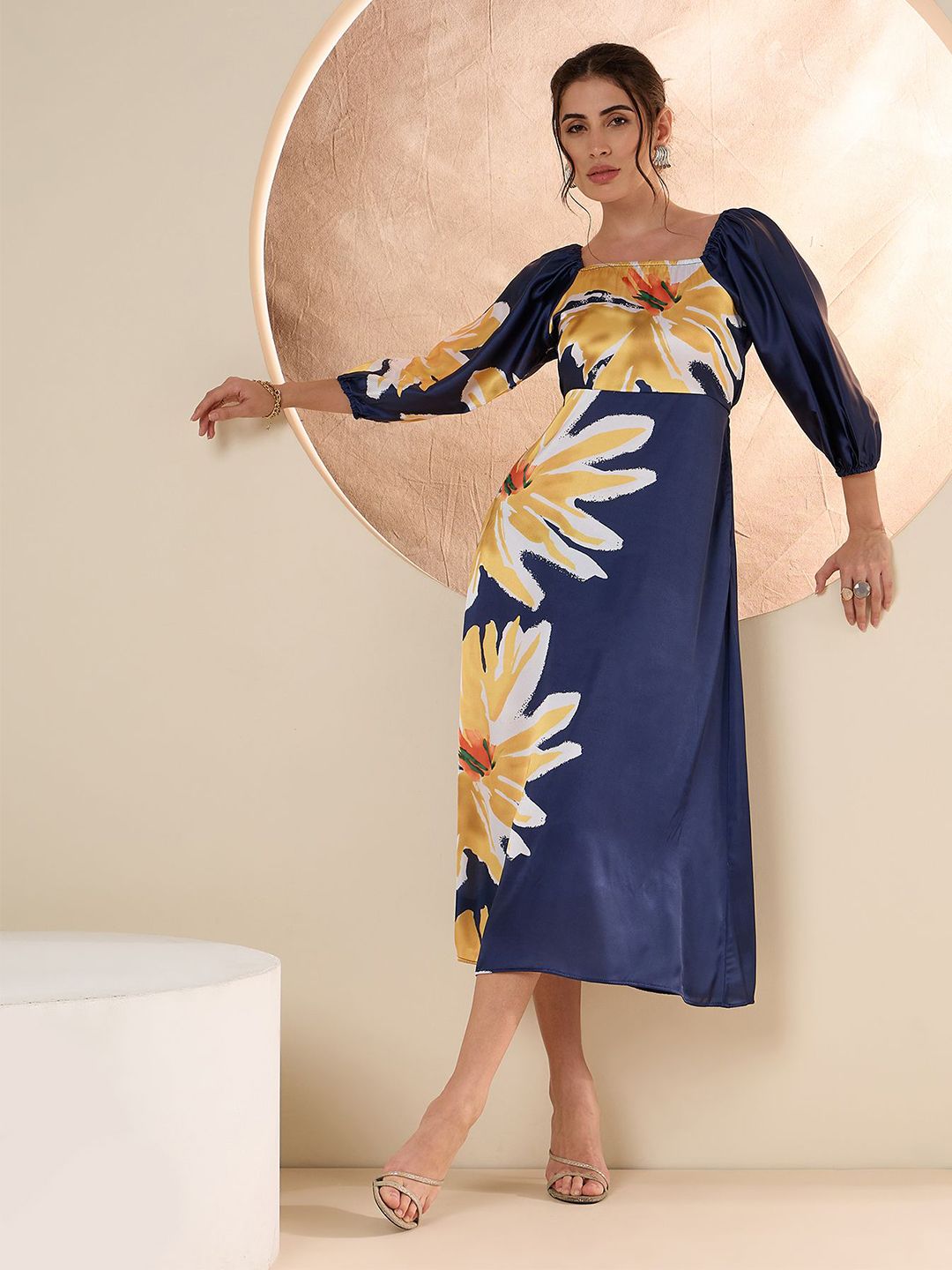 Antheaa Floral Printed Satin A-Line Midi Dress