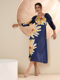 Antheaa Floral Printed Satin A-Line Midi Dress