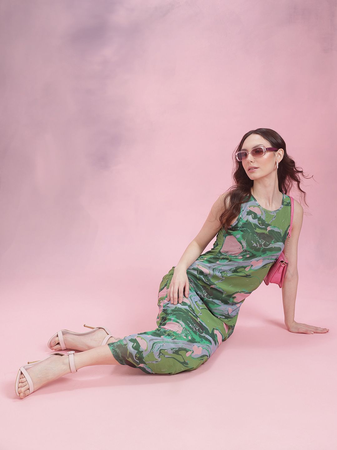DressBerry Ruched Printed Mesh Maxi Dress